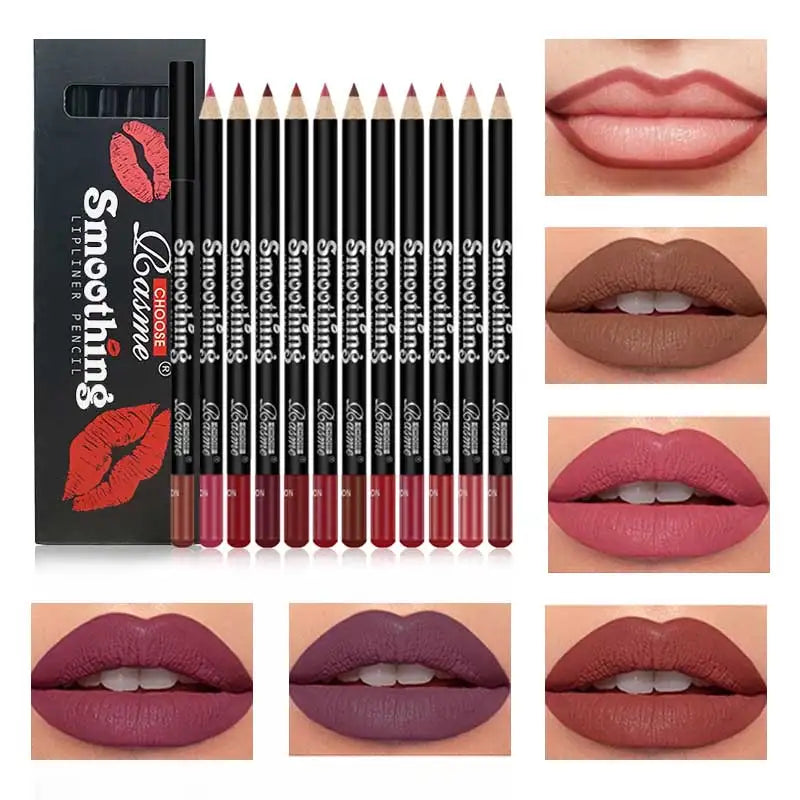 12-Color Lip Liner Matte Lipstick Pencil Long-Lasting Makeup Lip Liner Valentine Gift 12Pcs